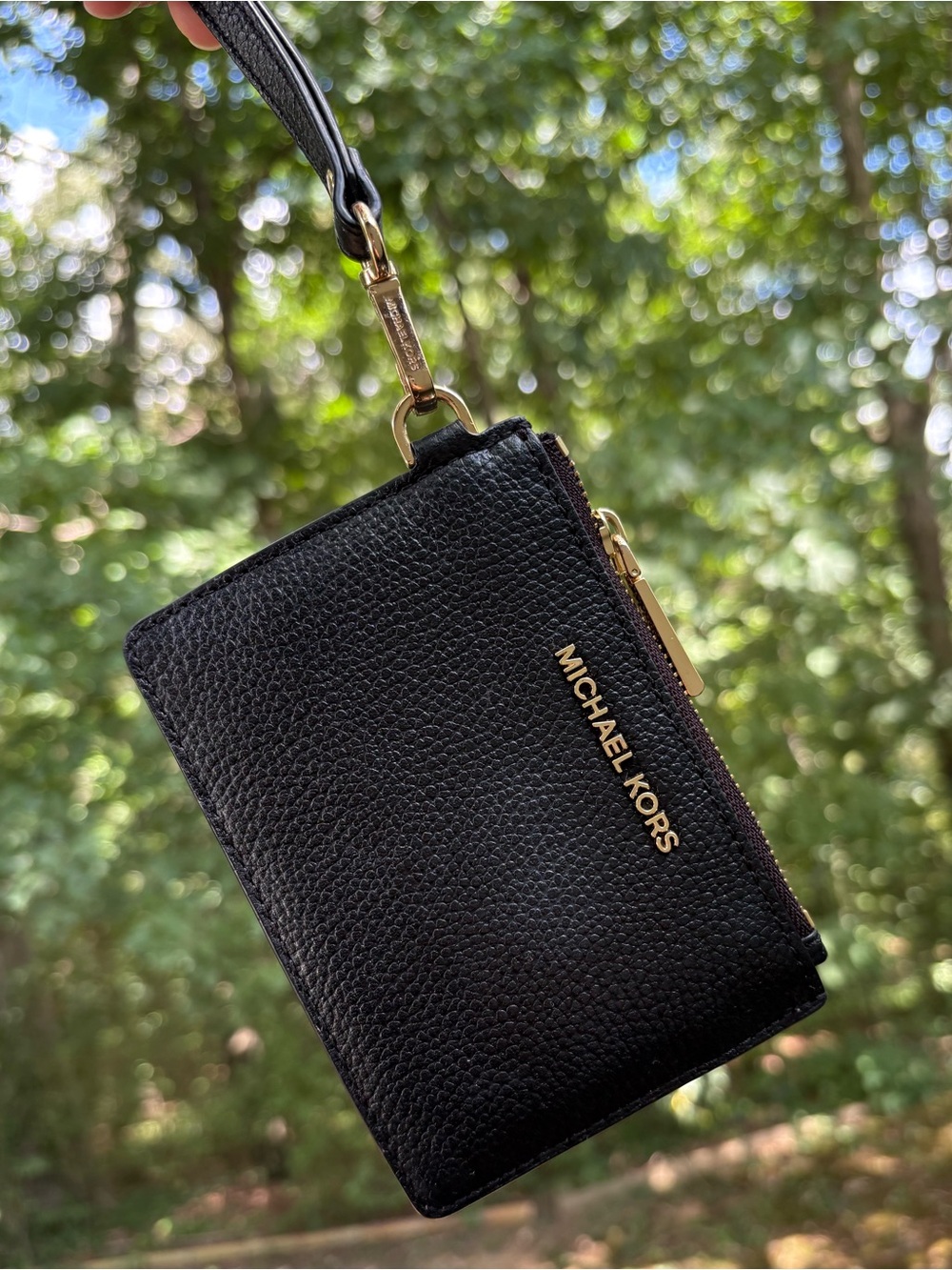 Michael Kors Black Pebbled Leather Wristlet Card Holder with Gold Hardware